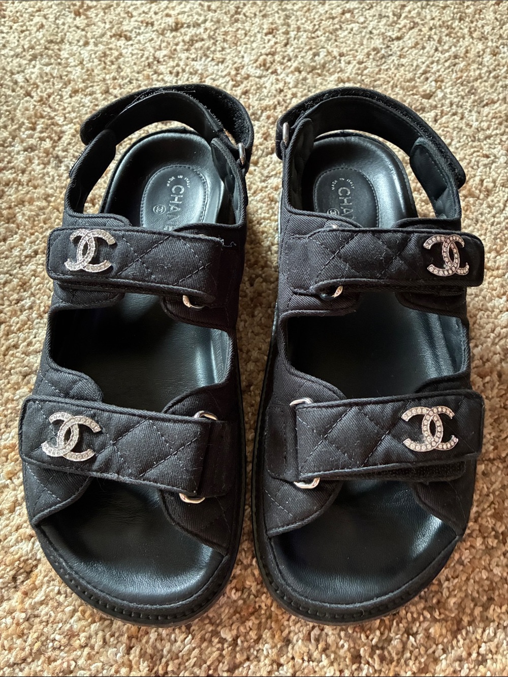 CHANEL Black Quilted  Logo Strap Sandals with Crystal CC
